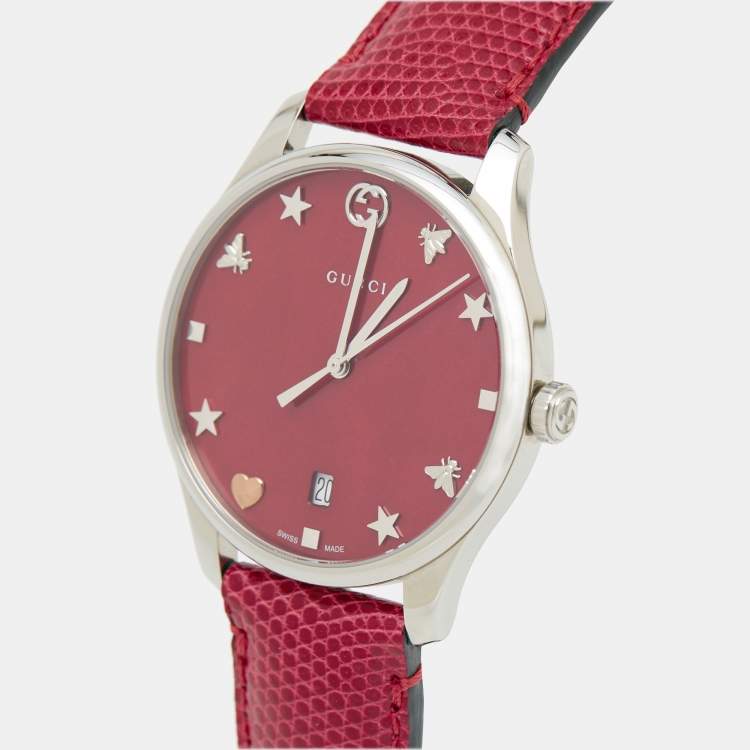Pre Owned Gucci Red Mother Of Pearl Stainless Steel Lizard Skin Leather G-Timeless 126.4 Women's Wristwatch 36 mm