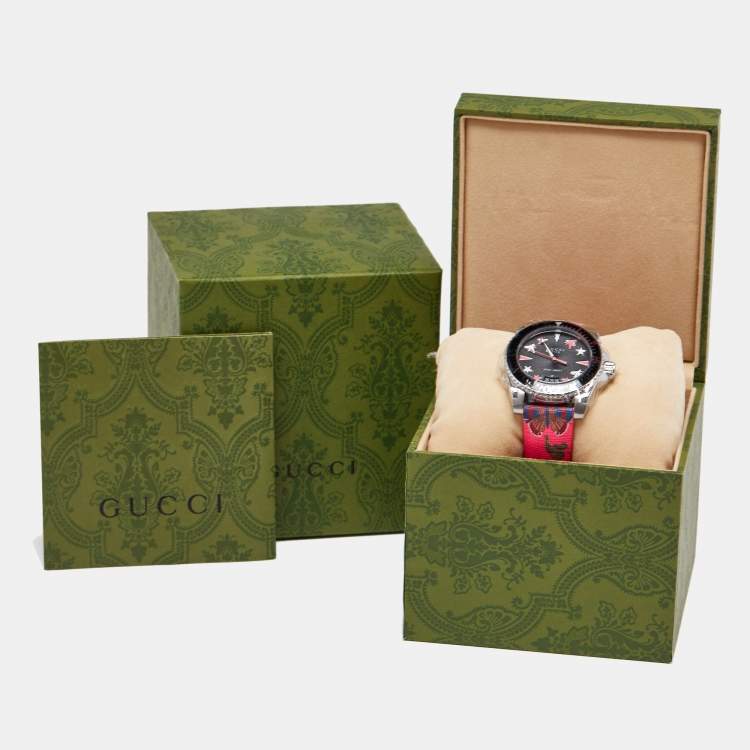 Pre Owned Gucci Black Stainless Steel Floral Print Calfskin Leather Dive YA136326 Women's Wristwatch 40 mm
