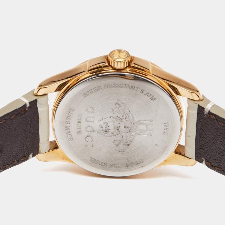 Pre Owned Gucci Cream Gold Plated Stainless Steel Leather G-Timeless 126.5 Women's Wristwatch 27 mm