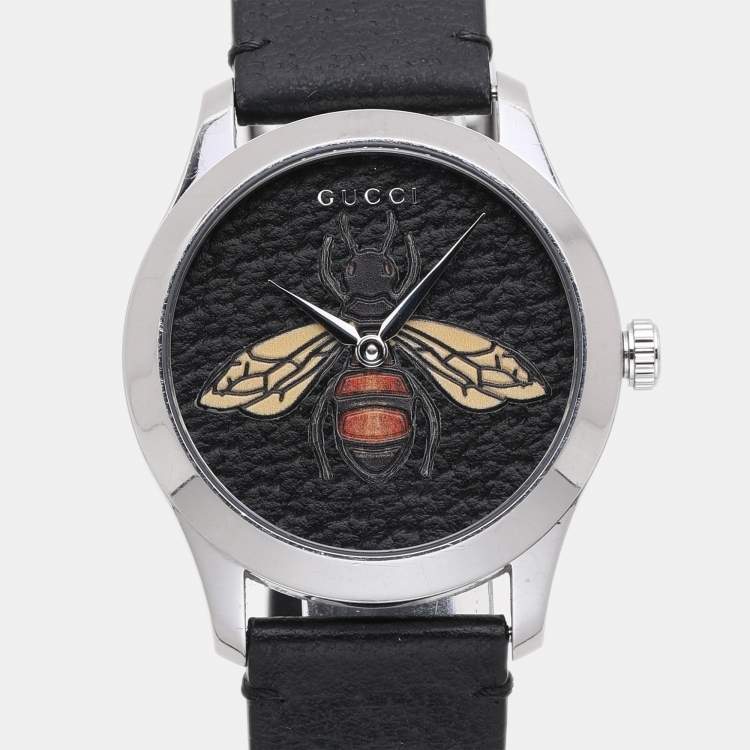 Pre Owned Gucci Black Stainless Steel G-Timeless 17237419 Leather Strap Women's Wristwatch 38 mm