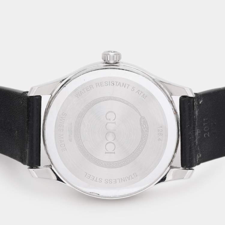 Pre Owned Gucci Black Stainless Steel G-Timeless 17237419 Leather Strap Women's Wristwatch 38 mm