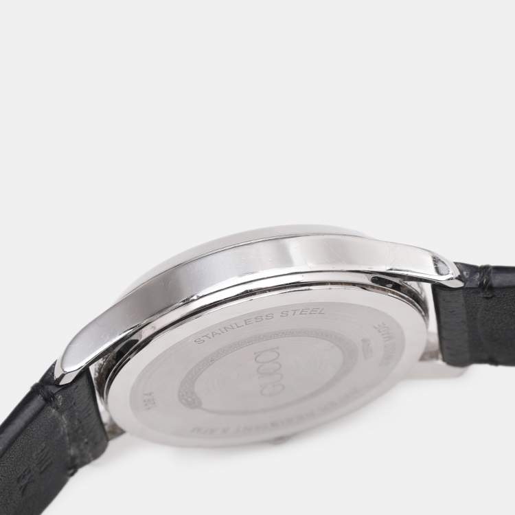 Pre Owned Gucci Black Stainless Steel G-Timeless 17237419 Leather Strap Women's Wristwatch 38 mm