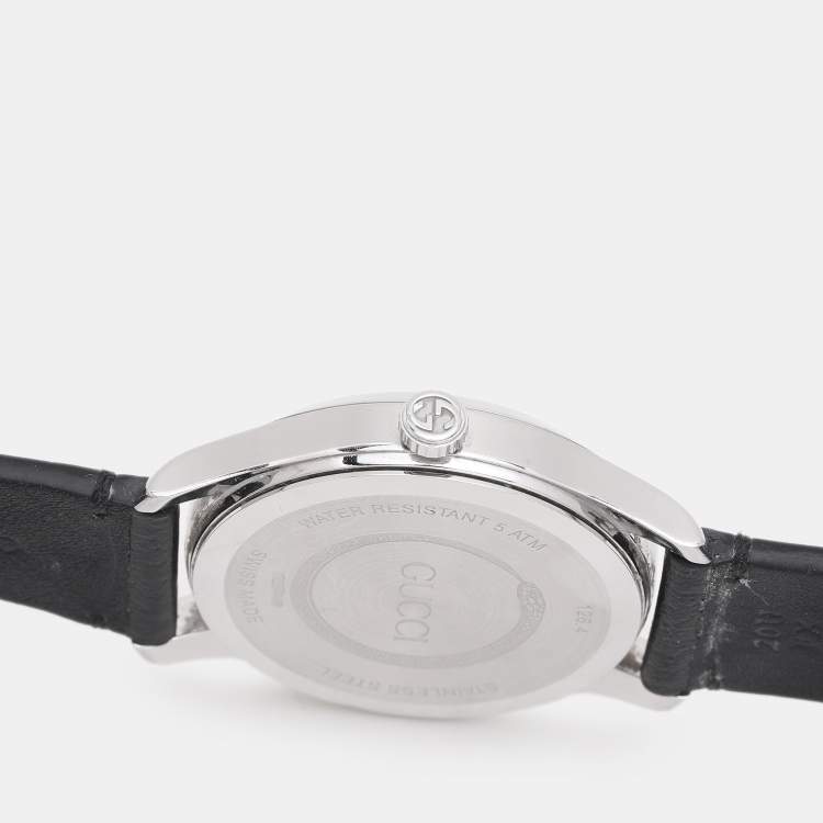 Pre Owned Gucci Black Stainless Steel G-Timeless 17237419 Leather Strap Women's Wristwatch 38 mm