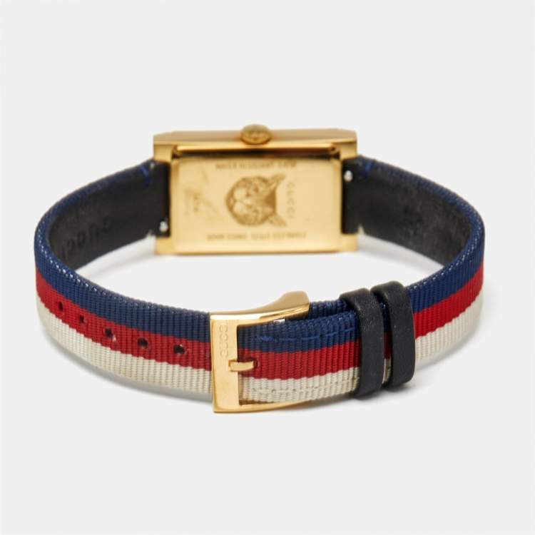 Pre Owned Gucci White Mother Of Pearl Striped Gold Tone Stainless Steel Canvas G-Frame 147.4 Women's Wristwatch 21 mm