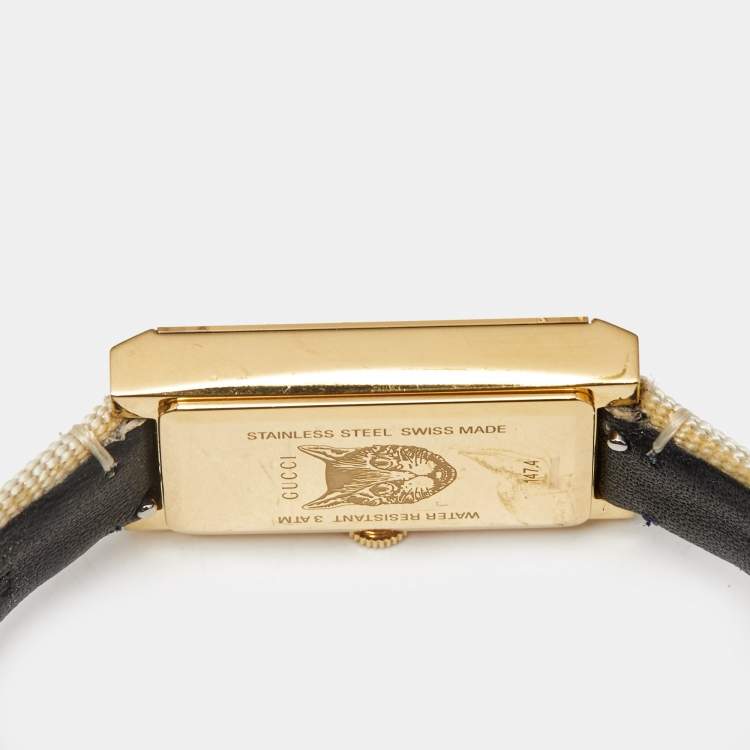 Pre Owned Gucci White Mother Of Pearl Striped Gold Tone Stainless Steel Canvas G-Frame 147.4 Women's Wristwatch 21 mm