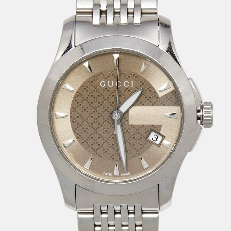 Pre Owned Gucci Brown Stainless Steel G-Timeless YA126503 Women's Wristwatch 27 mm