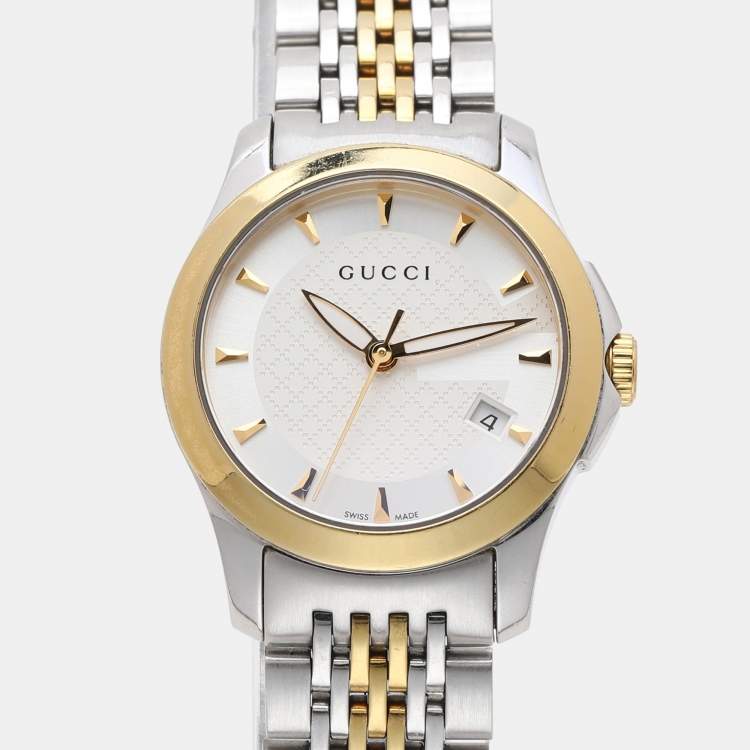 Pre Owned Gucci Silver Two Tone Stainless Steel G-Timeless 126.5 Quartz Women's Wristwatch 27mm