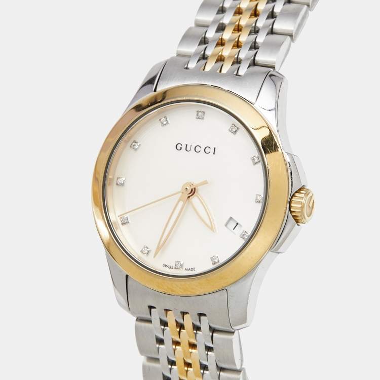 Pre Owned Gucci Mother of Pearl Two-Tone Stainless Steel Diamonds G-Timeless YA126513 Women's Wristwatch 27 mm
