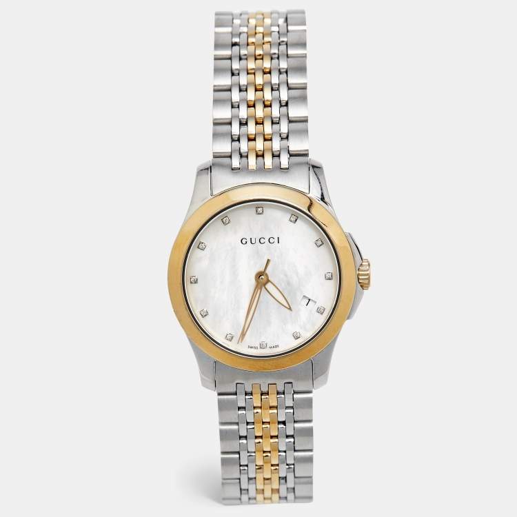 Pre Owned Gucci Mother of Pearl Two-Tone Stainless Steel Diamonds G-Timeless YA126513 Women's Wristwatch 27 mm