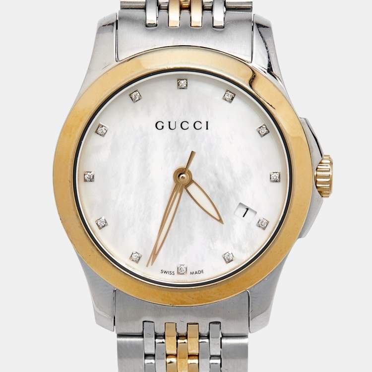 Pre Owned Gucci Mother of Pearl Two-Tone Stainless Steel Diamonds G-Timeless YA126513 Women's Wristwatch 27 mm
