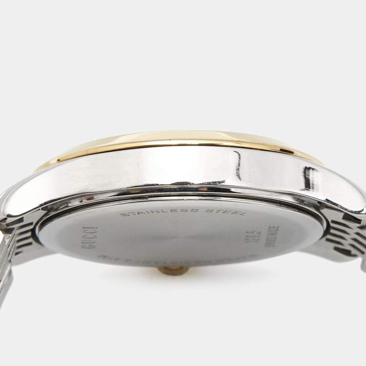 Pre Owned Gucci Mother of Pearl Two-Tone Stainless Steel Diamonds G-Timeless YA126513 Women's Wristwatch 27 mm