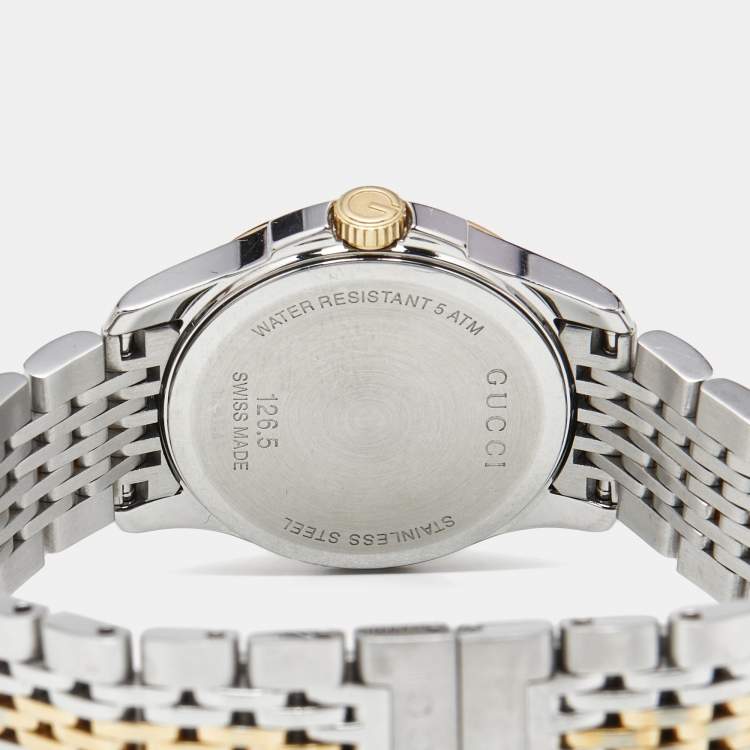 Pre Owned Gucci Mother of Pearl Two-Tone Stainless Steel Diamonds G-Timeless YA126513 Women's Wristwatch 27 mm