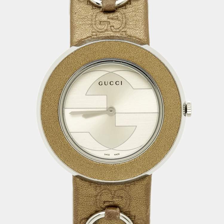 Pre Owned Gucci Silver Dial Stainless Steel Leather U-Play 129.4 Women's Wristwatch 35 mm