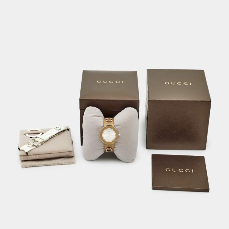 Pre Owned Gucci Silver Dial Stainless Steel Leather U-Play 129.4 Women's Wristwatch 35 mm