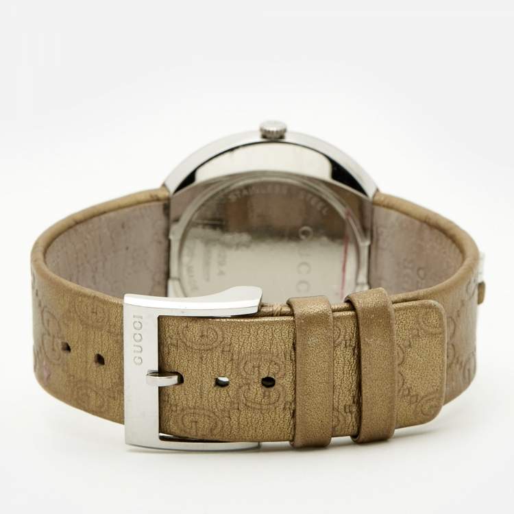 Pre Owned Gucci Silver Dial Stainless Steel Leather U-Play 129.4 Women's Wristwatch 35 mm