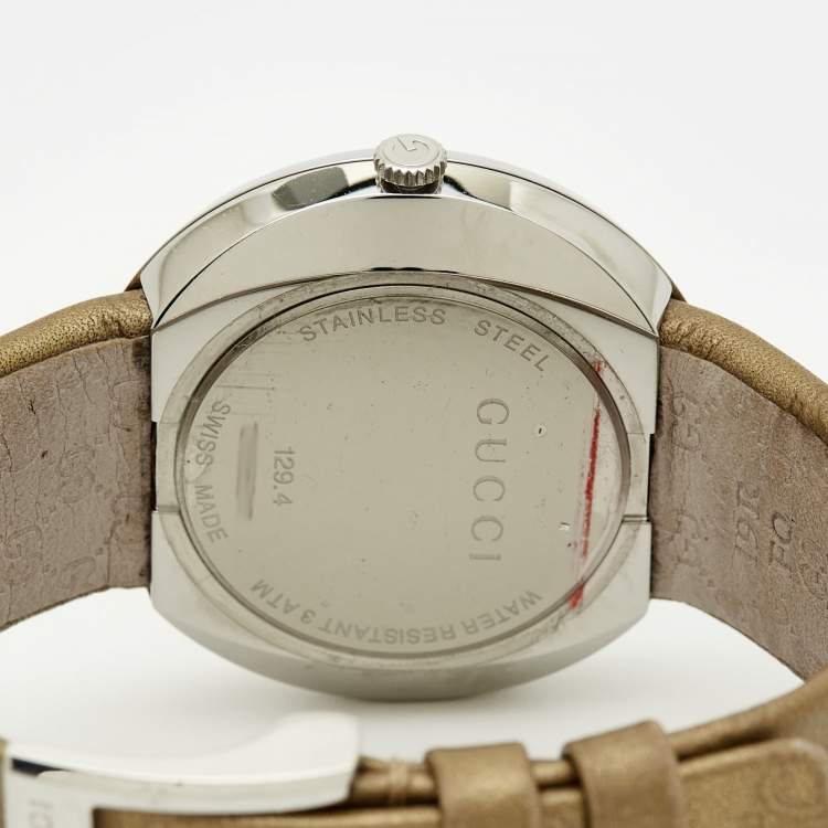 Pre Owned Gucci Silver Dial Stainless Steel Leather U-Play 129.4 Women's Wristwatch 35 mm