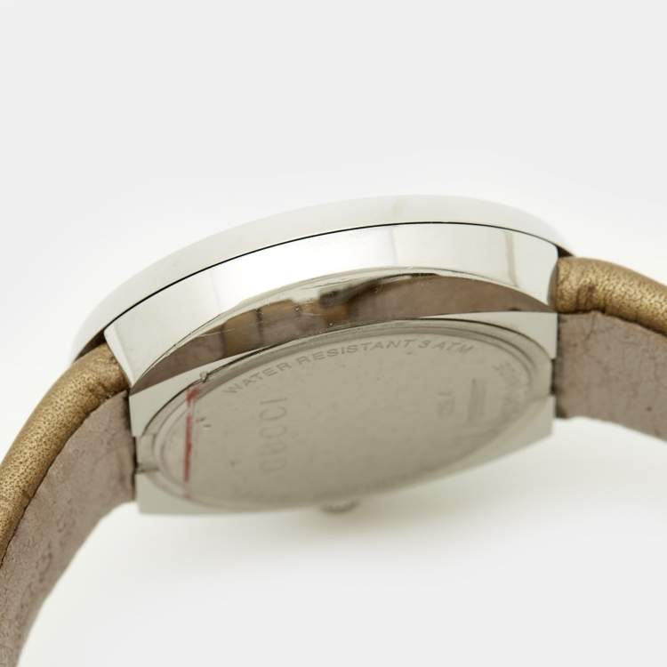 Pre Owned Gucci Silver Dial Stainless Steel Leather U-Play 129.4 Women's Wristwatch 35 mm