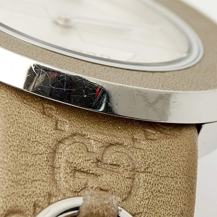Pre Owned Gucci Silver Dial Stainless Steel Leather U-Play 129.4 Women's Wristwatch 35 mm