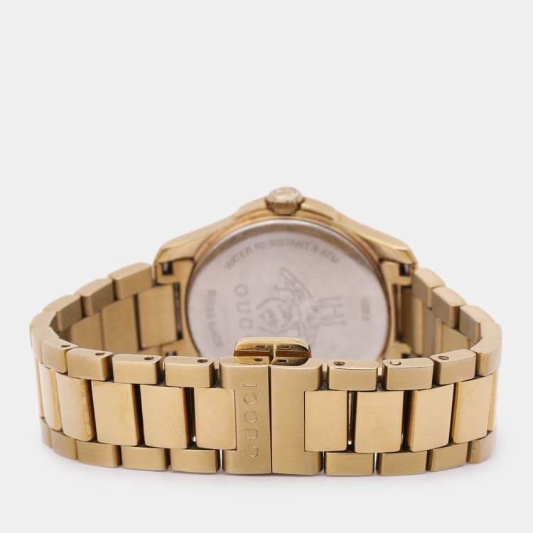 Pre Owned Gucci Cream Gold Plated Stainless Steel G-Timeless 126.5 Women's Wristwatch 28 mm