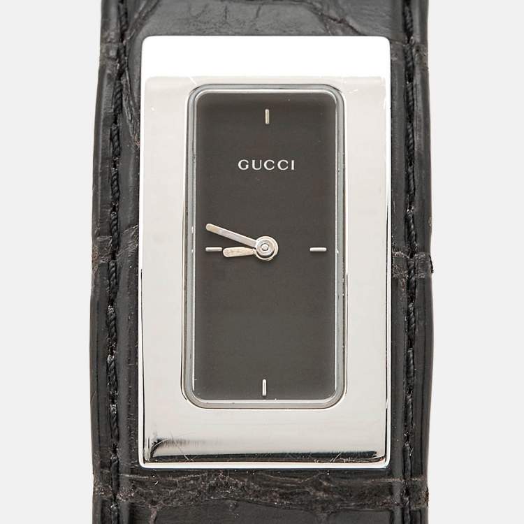 مملوكة مسبقًا ساعة يد نسائية غوتشي 7800 سلسلة وجه أسود ستانلس ستيل جلد تمساح 18 مم