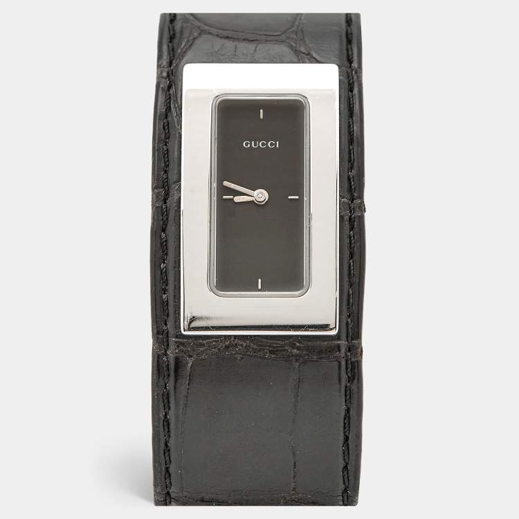 مملوكة مسبقًا ساعة يد نسائية غوتشي 7800 سلسلة وجه أسود ستانلس ستيل جلد تمساح 18 مم