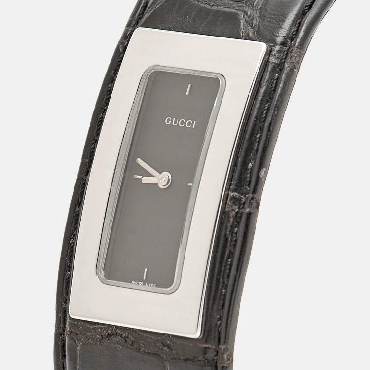 مملوكة مسبقًا ساعة يد نسائية غوتشي 7800 سلسلة وجه أسود ستانلس ستيل جلد تمساح 18 مم