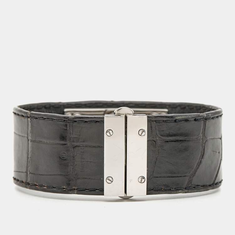 مملوكة مسبقًا ساعة يد نسائية غوتشي 7800 سلسلة وجه أسود ستانلس ستيل جلد تمساح 18 مم