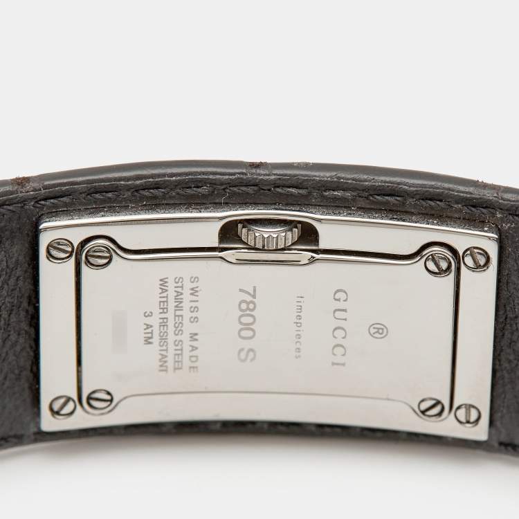 مملوكة مسبقًا ساعة يد نسائية غوتشي 7800 سلسلة وجه أسود ستانلس ستيل جلد تمساح 18 مم