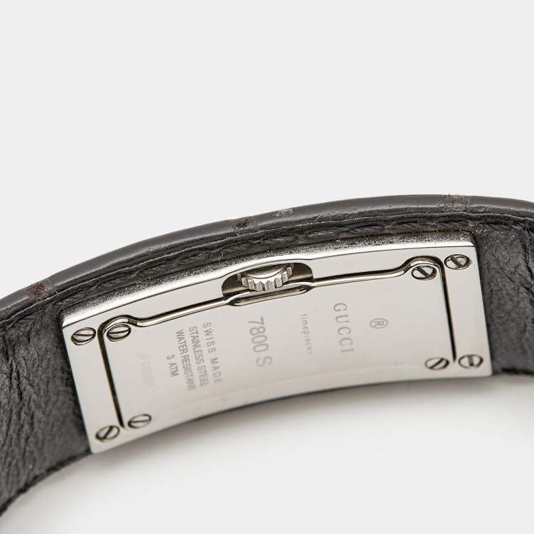 مملوكة مسبقًا ساعة يد نسائية غوتشي 7800 سلسلة وجه أسود ستانلس ستيل جلد تمساح 18 مم