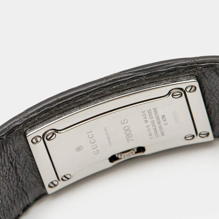 مملوكة مسبقًا ساعة يد نسائية غوتشي 7800 سلسلة وجه أسود ستانلس ستيل جلد تمساح 18 مم