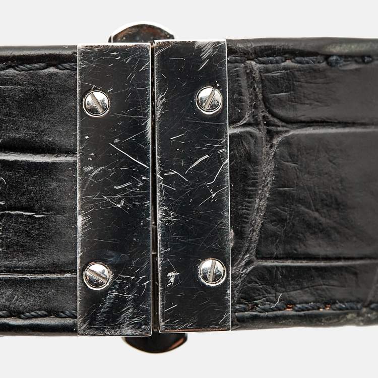 مملوكة مسبقًا ساعة يد نسائية غوتشي 7800 سلسلة وجه أسود ستانلس ستيل جلد تمساح 18 مم