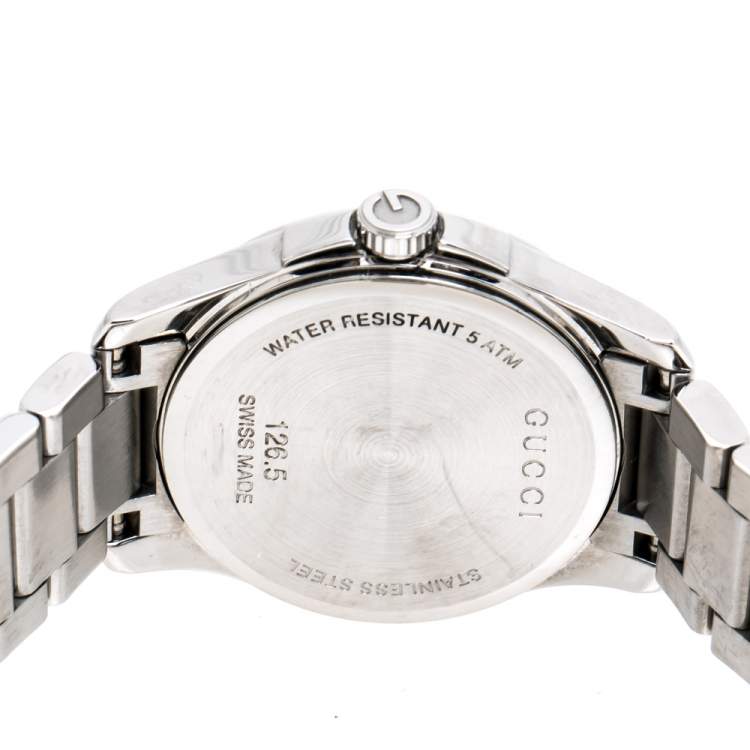 Pre Owned Gucci Silver White Stainless Steel G-Timeless 126.5 Women's Wristwatch 27 mm
