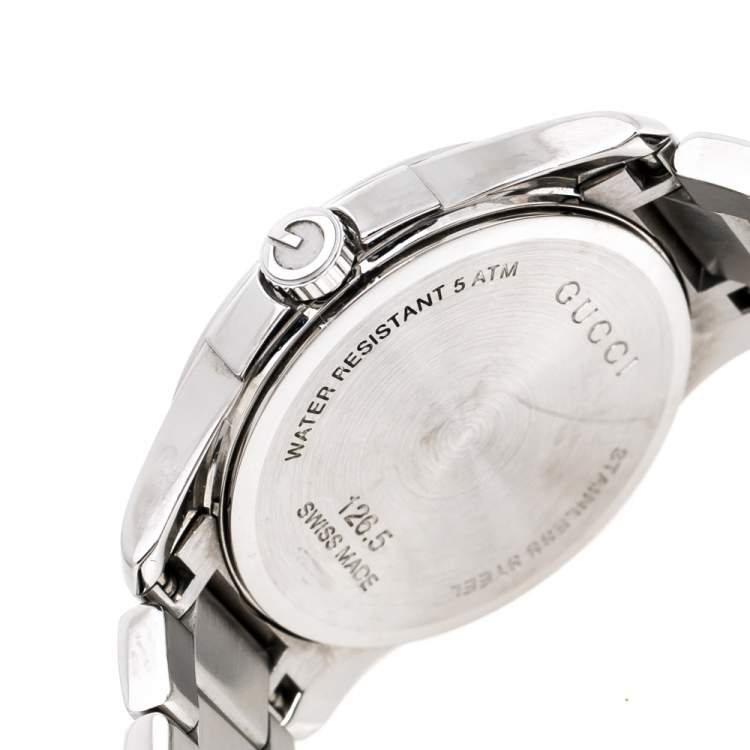 Pre Owned Gucci Silver White Stainless Steel G-Timeless 126.5 Women's Wristwatch 27 mm