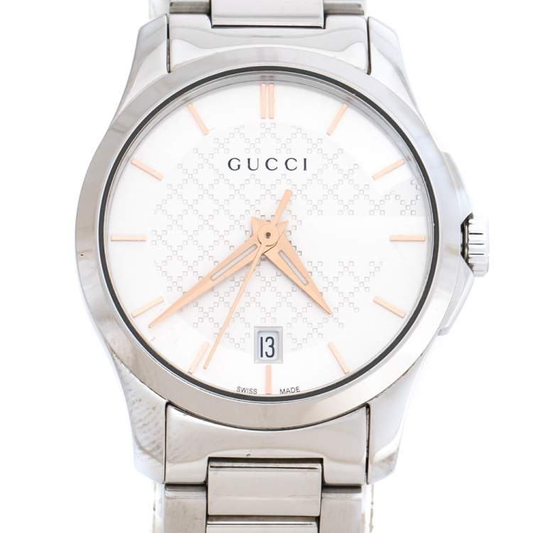 Pre Owned Gucci Silver White Stainless Steel G-Timeless 126.5 Women's Wristwatch 27 mm