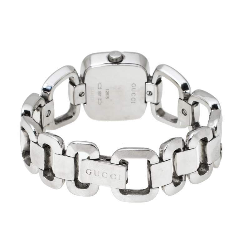 Pre Owned Gucci White Mother of Pearl Stainless Steel Diamond G Series 125.5 Women's Wristwatch 24 mm