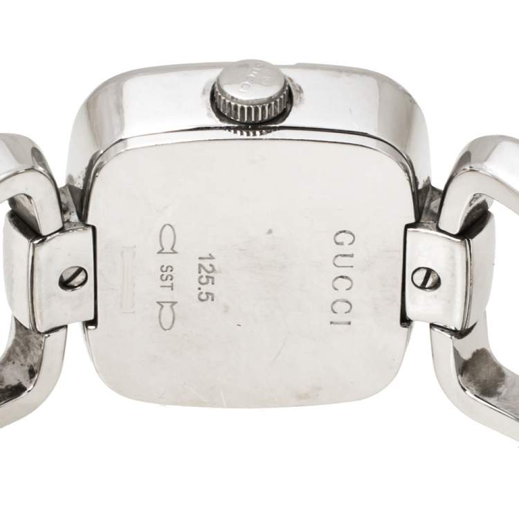 Pre Owned Gucci White Mother of Pearl Stainless Steel Diamond G Series 125.5 Women's Wristwatch 24 mm