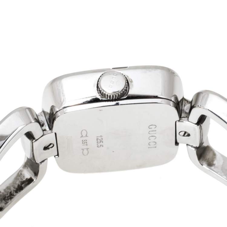 Pre Owned Gucci White Mother of Pearl Stainless Steel Diamond G Series 125.5 Women's Wristwatch 24 mm