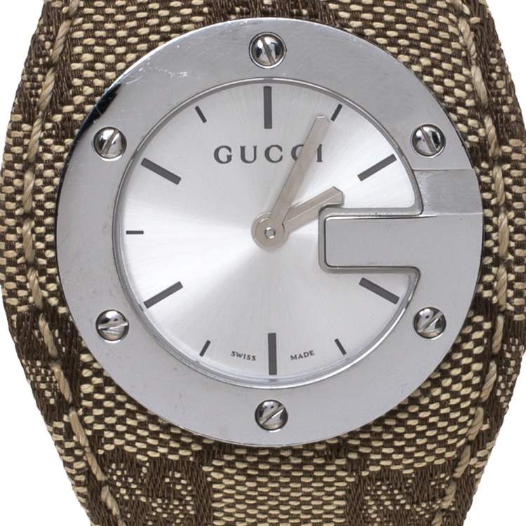 Pre Owned Gucci Silver Stainless Steel Canvas G-Bandeau 104 Women's Wristwatch 31 mm