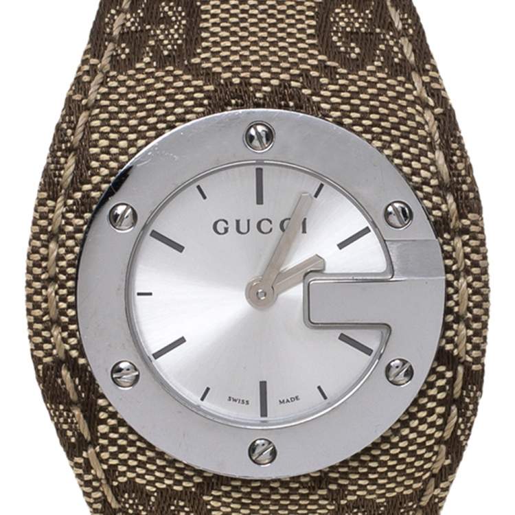 Pre Owned Gucci Silver Stainless Steel Canvas G-Bandeau 104 Women's Wristwatch 31 mm