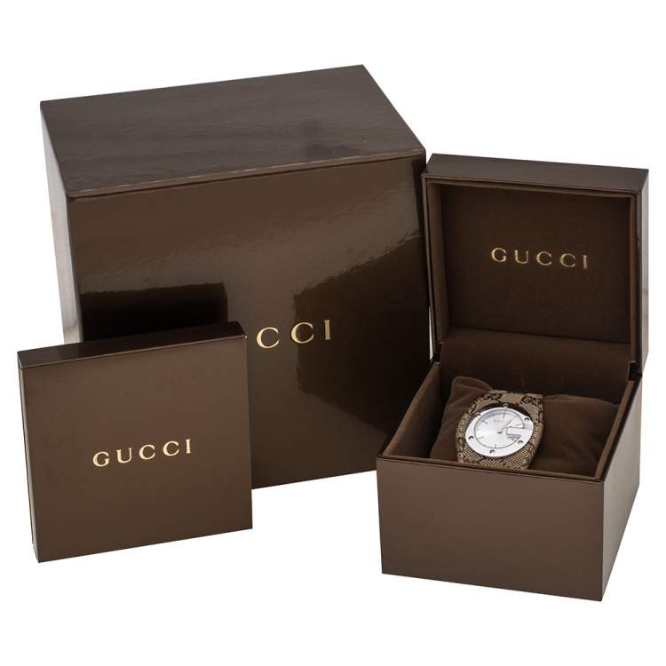 Pre Owned Gucci Silver Stainless Steel Canvas G-Bandeau 104 Women's Wristwatch 31 mm