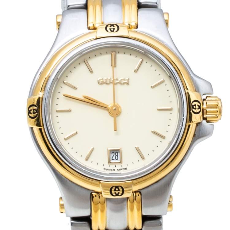 Pre Owned Gucci Champagne Two-Tone Stainless Steel 9040L Women's Wristwatch 26 mm