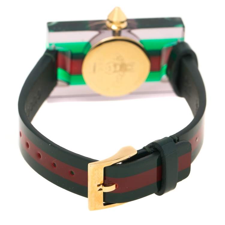Pre Owned Gucci Skeleton Plexiglass Gold Plated Stainless Steel and Leather 143.5 Women's Wristwatch 24 mm