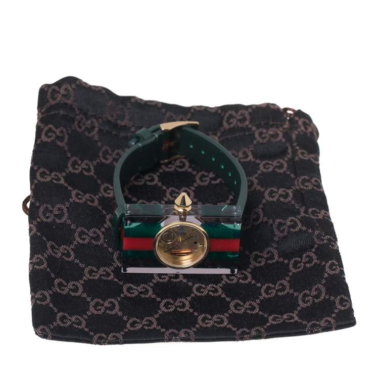 Pre Owned Gucci Skeleton Plexiglass Gold Plated Stainless Steel and Leather 143.5 Women's Wristwatch 24 mm