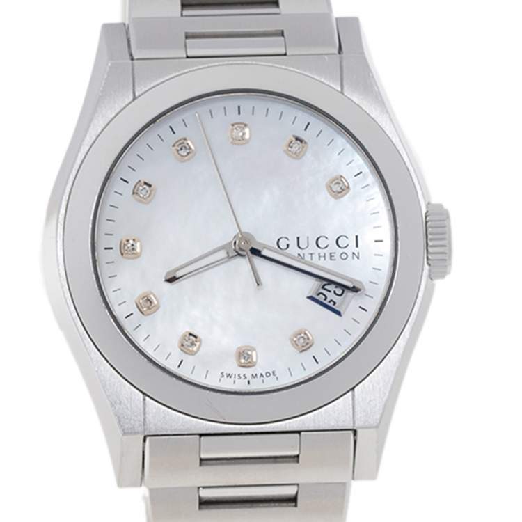 Pre Owned Gucci MOP Diamonds Stainless Steel Pantheon YA115403 115.4 Women's Wristwatch 36 MM