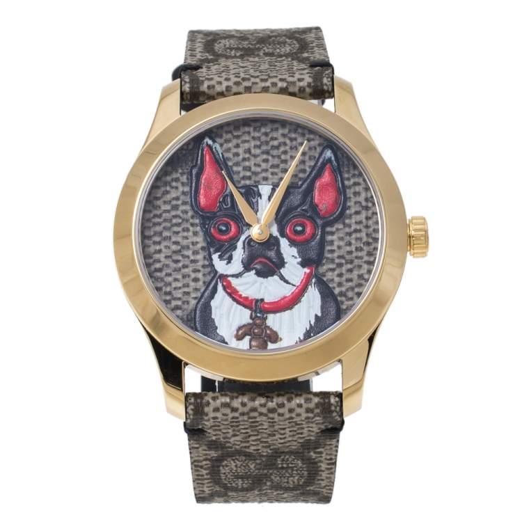 Gucci Brown Dog Design Yellow Gold PVD 