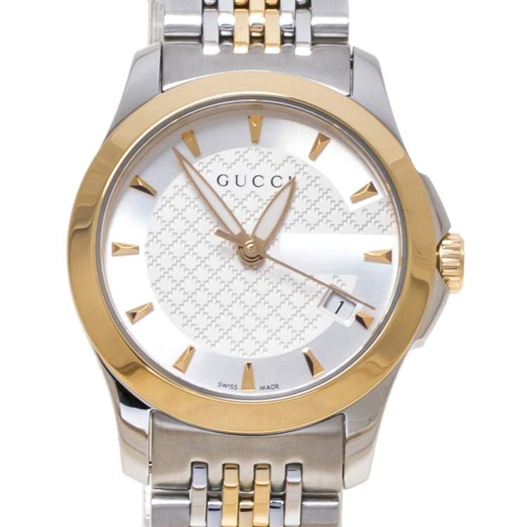 Pre Owned Gucci Silver Two-Tone Stainless Steel G Timeless 126.5 Women's Wristwatch 27 mm