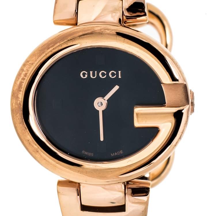 Pre Owned Gucci Black Rose Gold Tone Stainless Steel Guccissima YA134509 Women's Wristwatch 27 mm