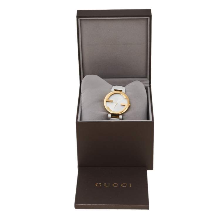 Pre Owned Gucci Silver White Yellow Gold PVD Coated Stainless Steel Rubber Latin Grammy's YA133313 Women's Wristwatch 37 MM