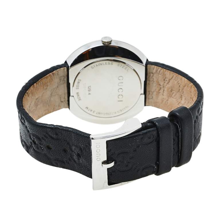 Pre Owned Gucci Silver Stainless Steel Leather U-Play 129.4 Women's Wristwatch 35 mm