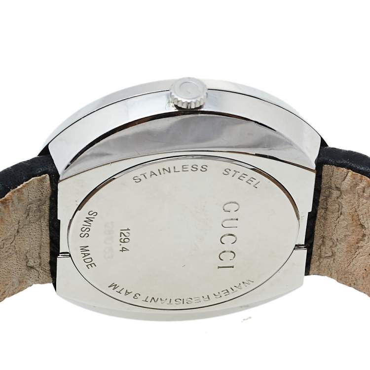 Pre Owned Gucci Silver Stainless Steel Leather U-Play 129.4 Women's Wristwatch 35 mm
